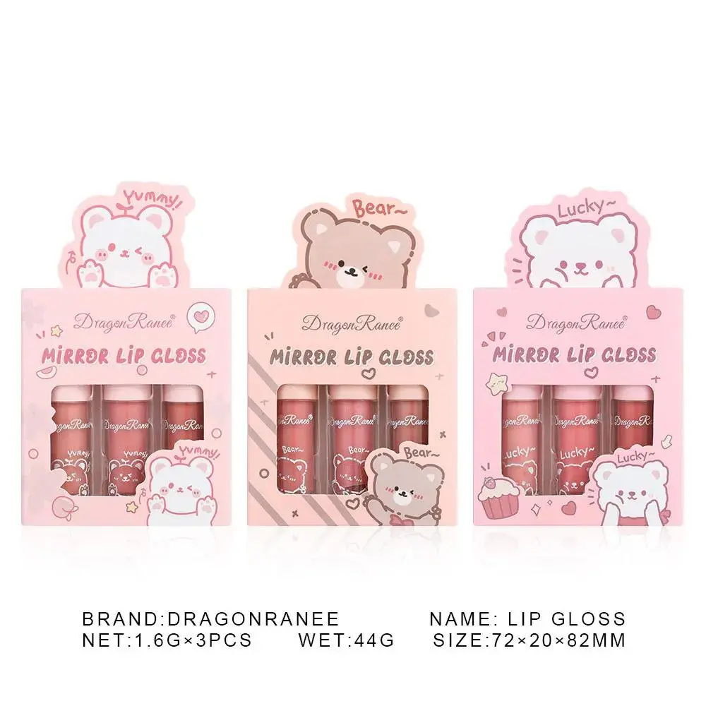 Dragon Ranee 3pcs Mirror Lip Gloss Set Hydrating Shining Glaze Moisturizing Pearl Liquid Lipstick Cartoon Beauty Cosmetic