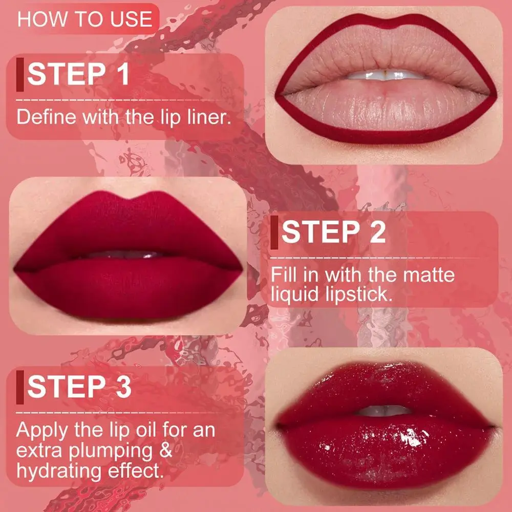 3Pc Rose Pink Matte Lipstick Set Waterproof Long Lasting Nude Brown Lip Liner Gloss Cheek Tint Oil Makeup Kit