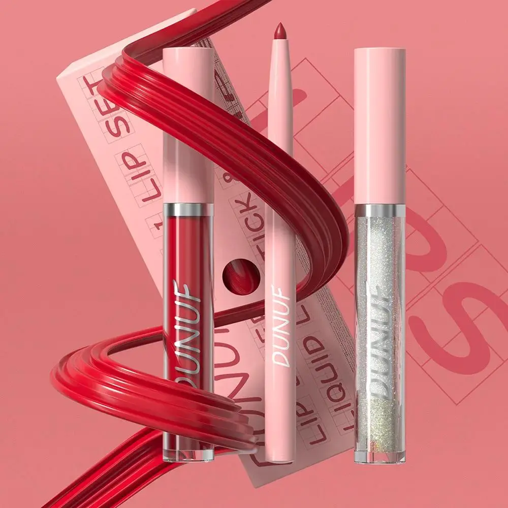 3Pc Rose Pink Matte Lipstick Set Waterproof Long Lasting Nude Brown Lip Liner Gloss Cheek Tint Oil Makeup Kit