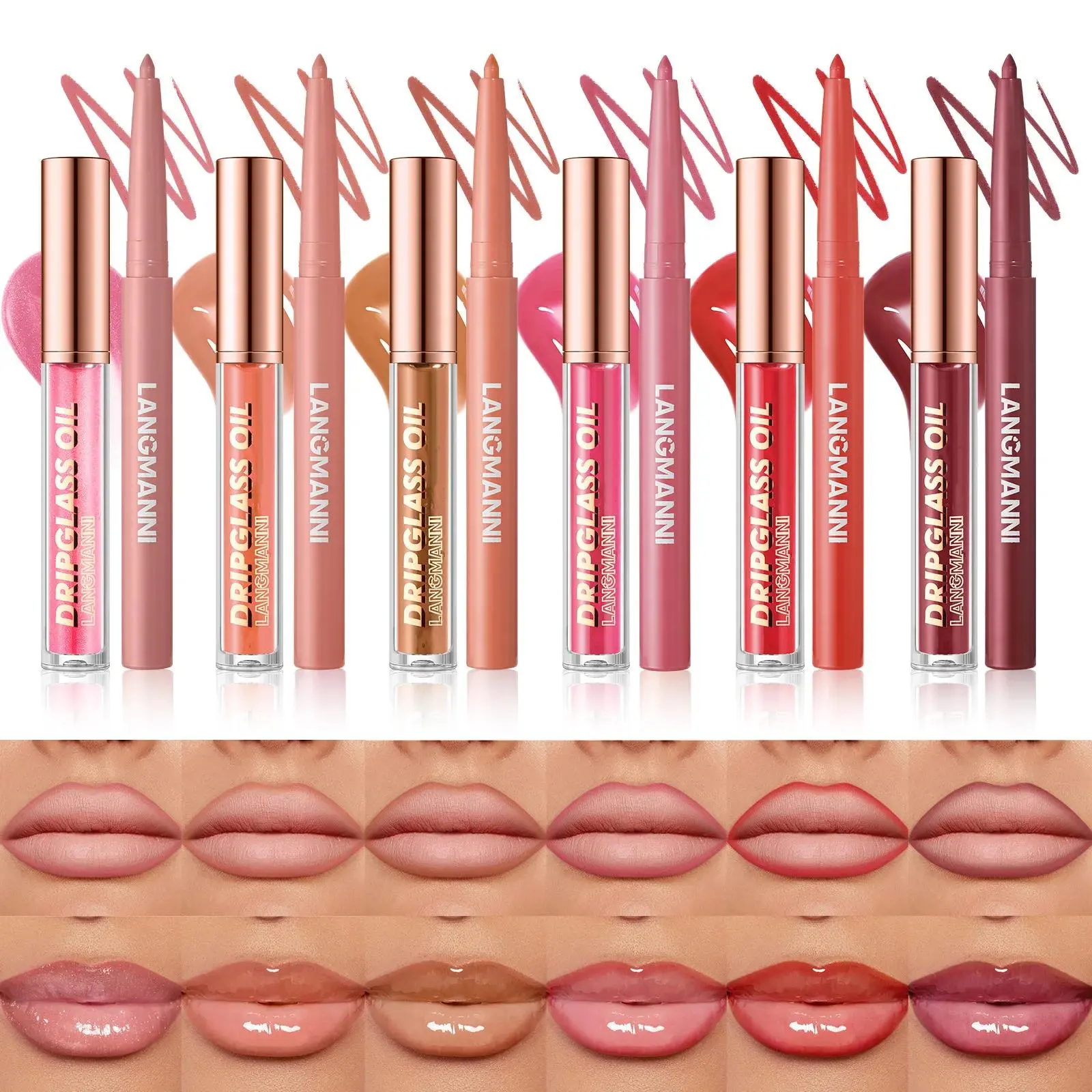 12PCS Retro Lip Set 6 Lipliner 6 Dripglass Oil Matte Shiny Long Lasting Makeup Kit Cosmetics Beauty Essentials