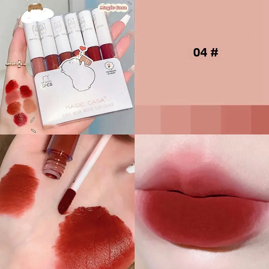 Velvet Matte Lipgloss 6pcs Set Bear Design Lip Tint Mud Moisturizing Lipstick Glaze Longwear Waterproof Cruelty Free