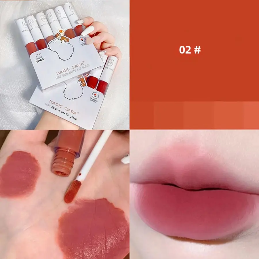 Velvet Matte Lipgloss 6pcs Set Bear Design Lip Tint Mud Moisturizing Lipstick Glaze Longwear Waterproof Cruelty Free