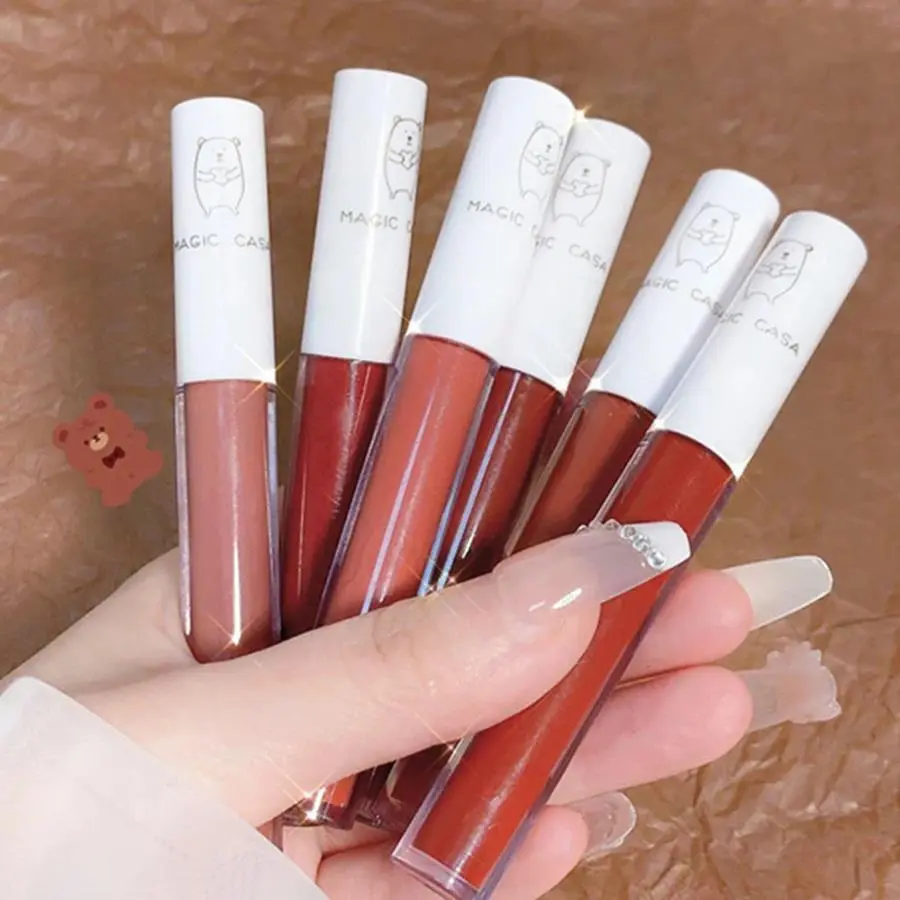 Velvet Matte Lipgloss 6pcs Set Bear Design Lip Tint Mud Moisturizing Lipstick Glaze Longwear Waterproof Cruelty Free