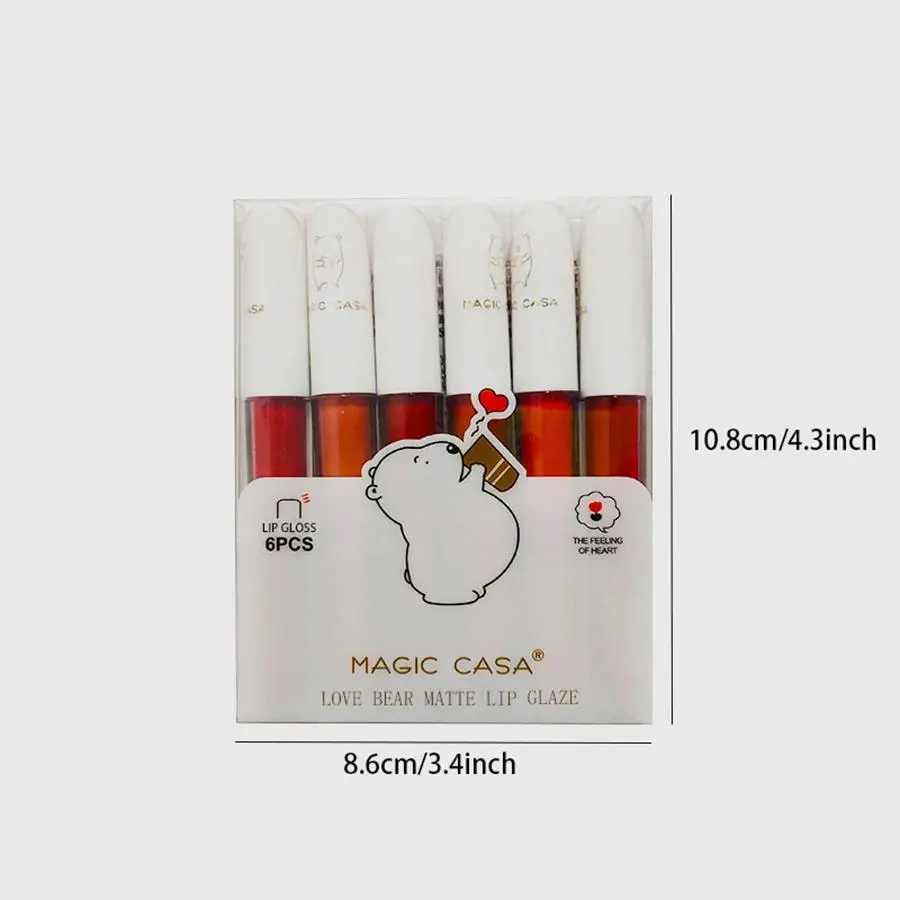 Velvet Matte Lipgloss 6pcs Set Bear Design Lip Tint Mud Moisturizing Lipstick Glaze Longwear Waterproof Cruelty Free