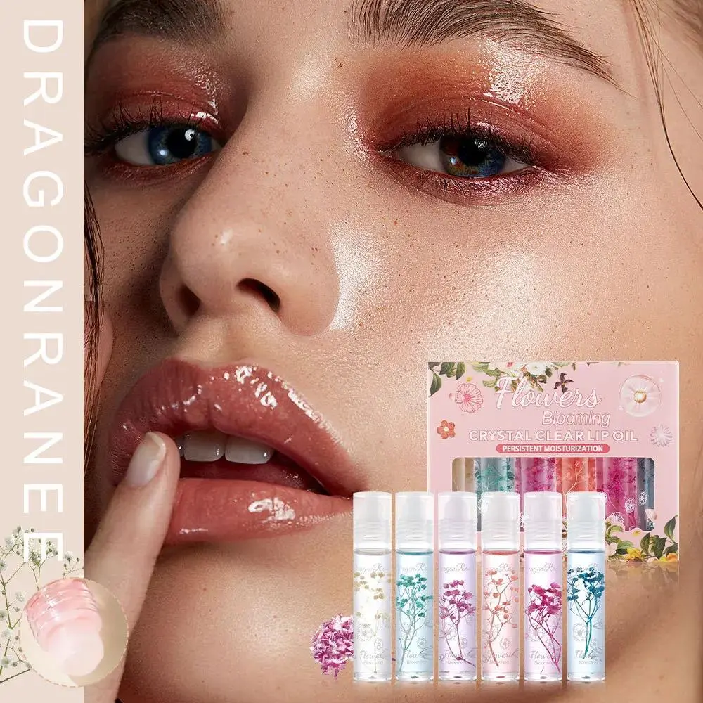 6 Pcs Dried Flower Transparent Lip Oil Set Moisturizing Hydrating Roll On Fresh Floral Lip Balm For Winter Care