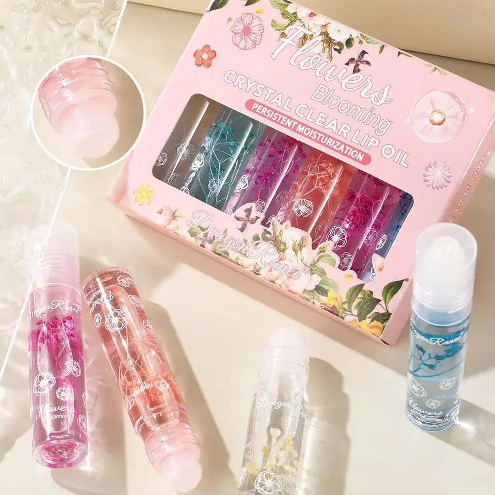 6 Pcs Dried Flower Transparent Lip Oil Set Moisturizing Hydrating Roll On Fresh Floral Lip Balm For Winter Care