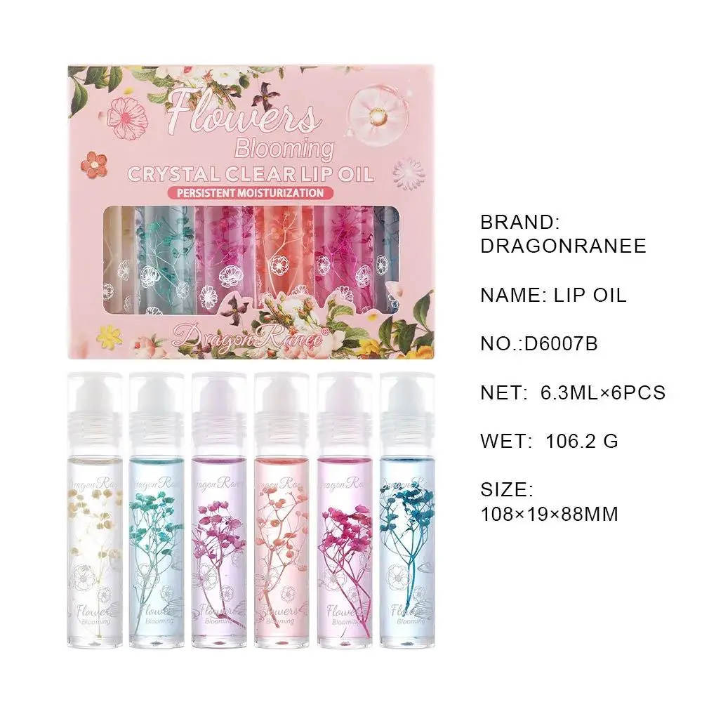6 Pcs Dried Flower Transparent Lip Oil Set Moisturizing Hydrating Roll On Fresh Floral Lip Balm For Winter Care