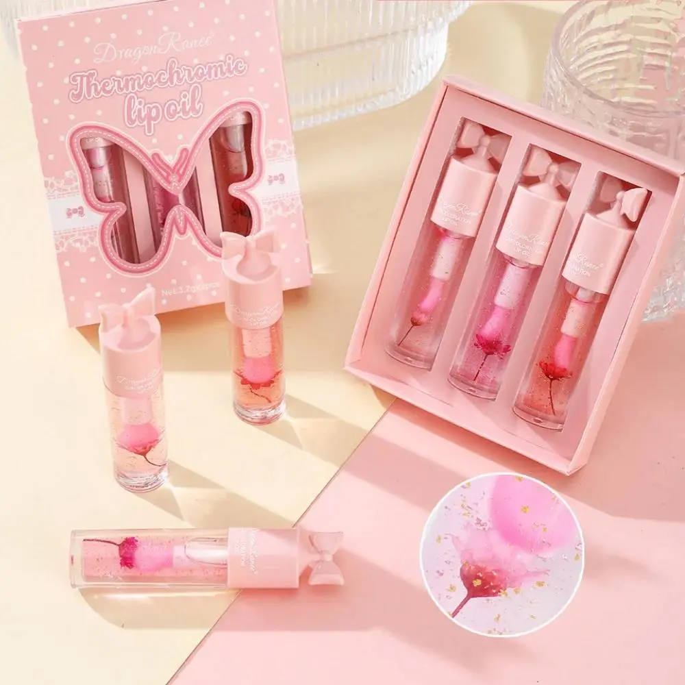 Temperature Changing Lip Oil with Gold Foil Hydrating Nourish Long Lasting Stain Gift Set Butterfly Tie Floral Scent