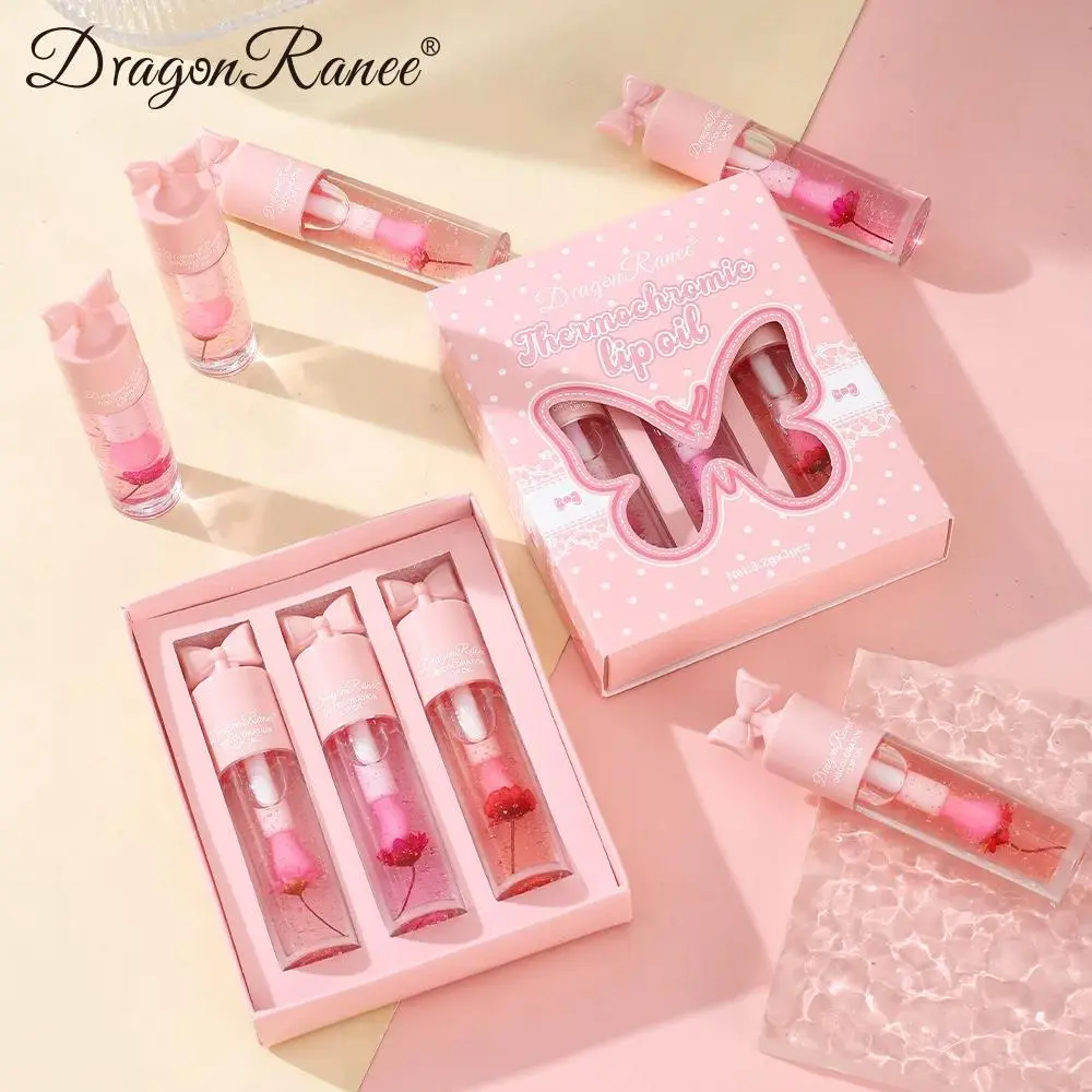 Temperature Changing Lip Oil with Gold Foil Hydrating Nourish Long Lasting Stain Gift Set Butterfly Tie Floral Scent