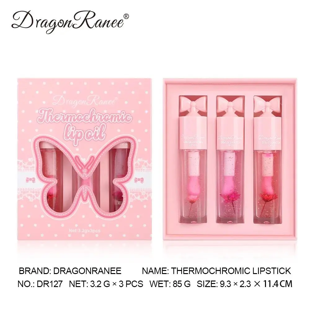 Temperature Changing Lip Oil with Gold Foil Hydrating Nourish Long Lasting Stain Gift Set Butterfly Tie Floral Scent