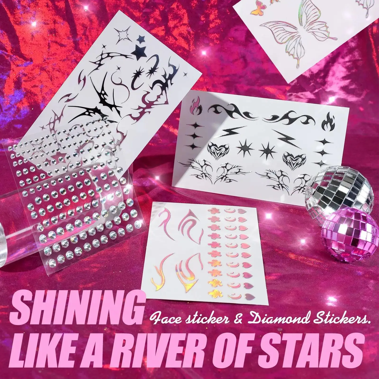 Lifelike 3D Face Sticker Laser Tattoo Diamond Eye Makeup Temporary Body Art Stickers For Women Men Beauty