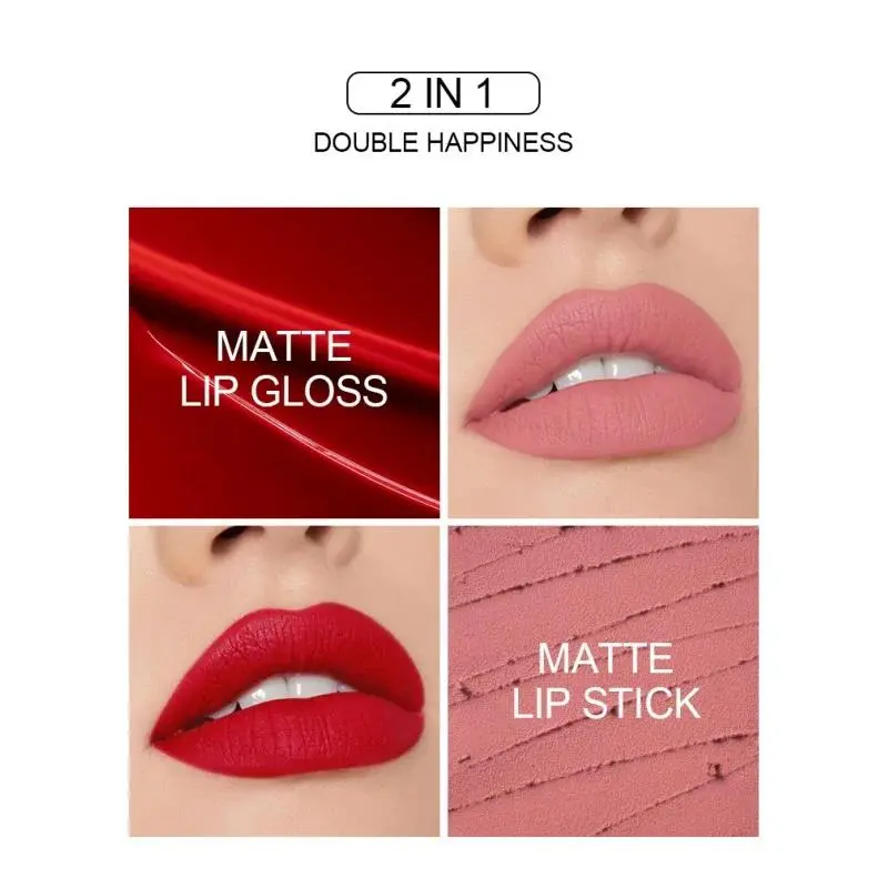 Matte Lip Gloss And Lipstick 2 in 1 Double Head Non Stick Cup Waterproof Long Lasting Velvet Moisturizing Makeup Set