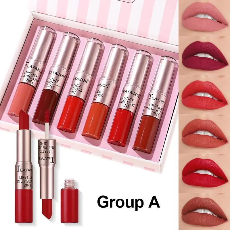 Matte Lip Gloss And Lipstick 2 in 1 Double Head Non Stick Cup Waterproof Long Lasting Velvet Moisturizing Makeup Set