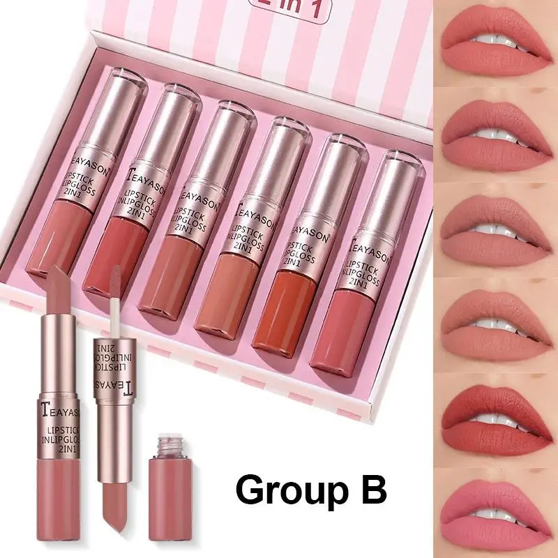 Matte Lip Gloss And Lipstick 2 in 1 Double Head Non Stick Cup Waterproof Long Lasting Velvet Moisturizing Makeup Set