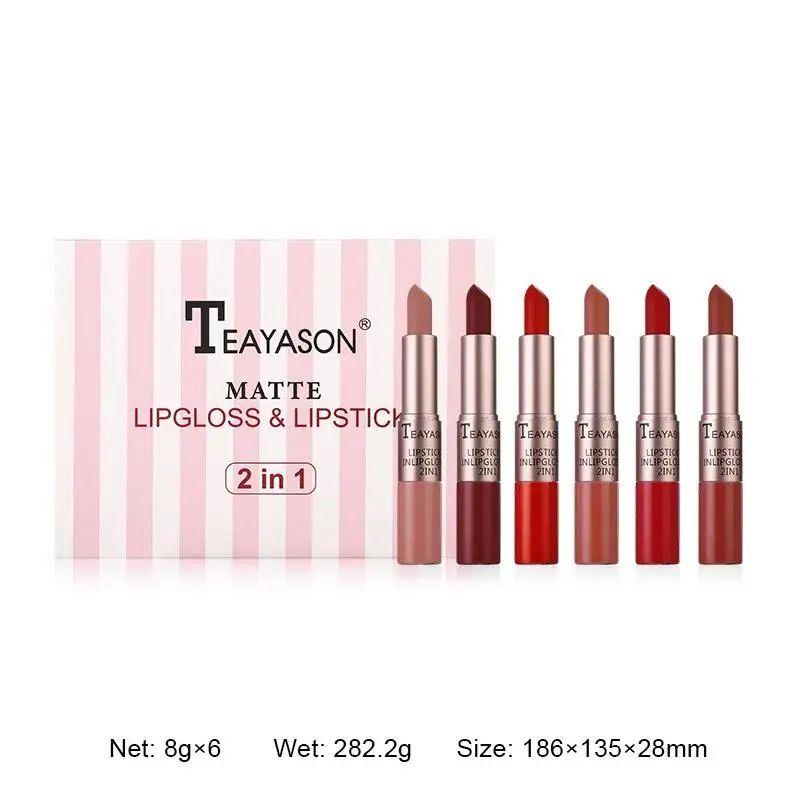 Matte Lip Gloss And Lipstick 2 in 1 Double Head Non Stick Cup Waterproof Long Lasting Velvet Moisturizing Makeup Set