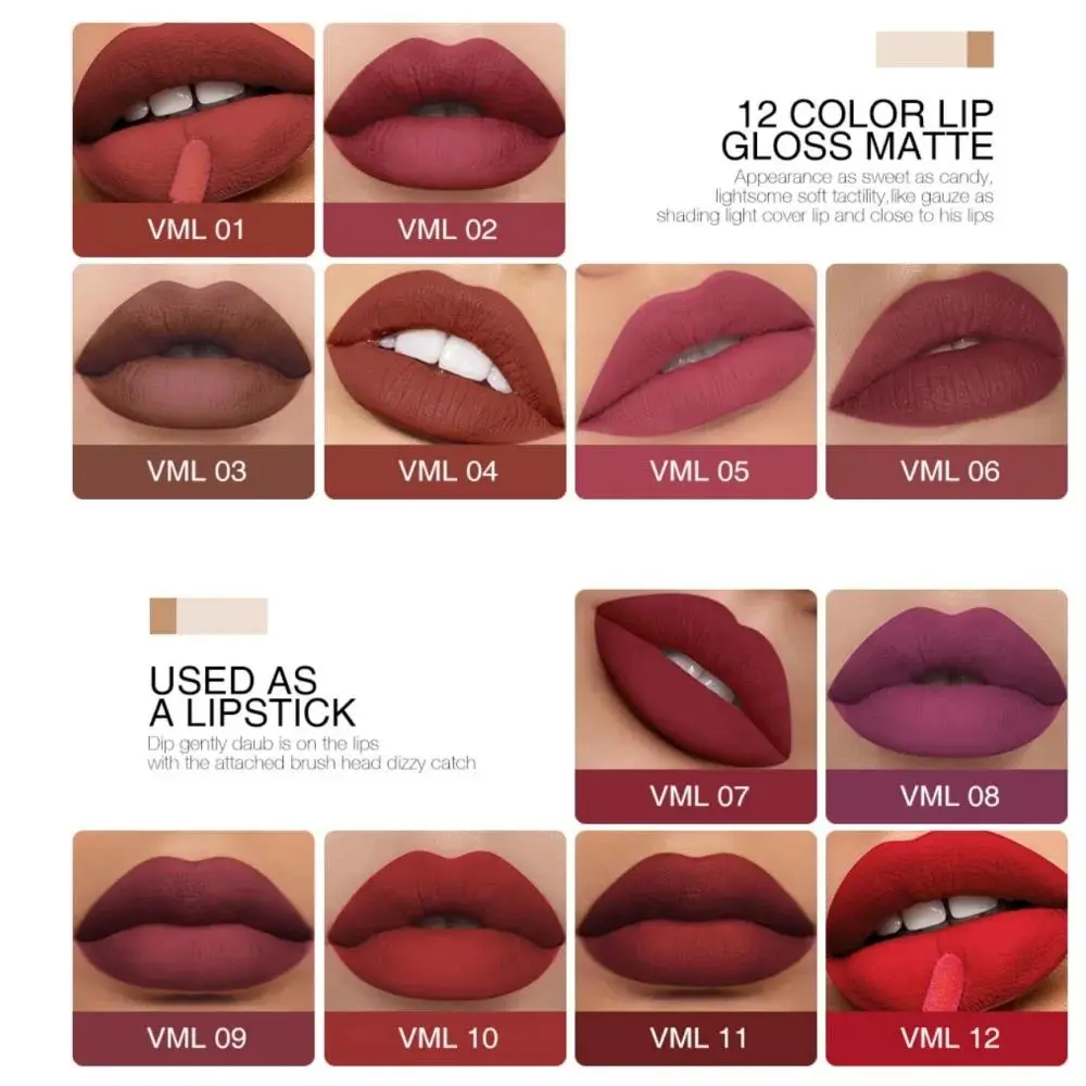 High Quality Matte Liquid Lipstick 12 Shades Velvet Finish Smudge Proof Lightweight Lip Gloss For All Day Wear