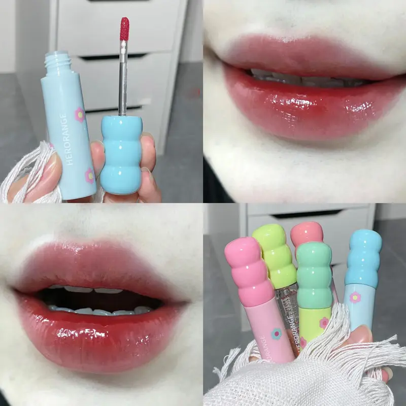Cute Mirror Glass Lip Gloss Moisturizing Lip Plumper Oil Anti-Cracking Sexy Wood Red Water Glossy Lip Tint Non-stick Cup Makeup