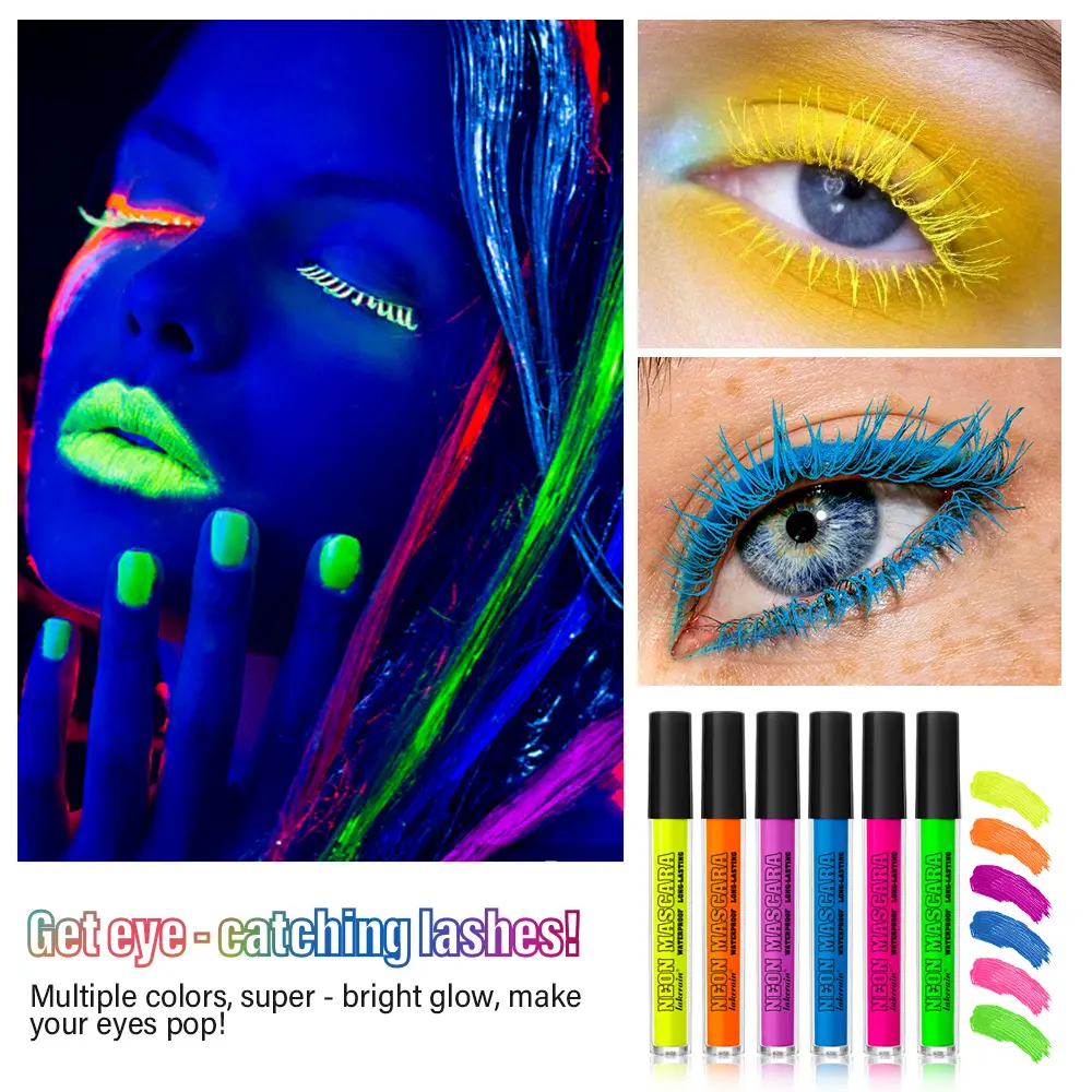 UV Neon Mascara Colorful Eyelashes Extension Waterproof Fluorescent Green Pink Glow-in-the-Dark Party Lashes Halloween Makeup