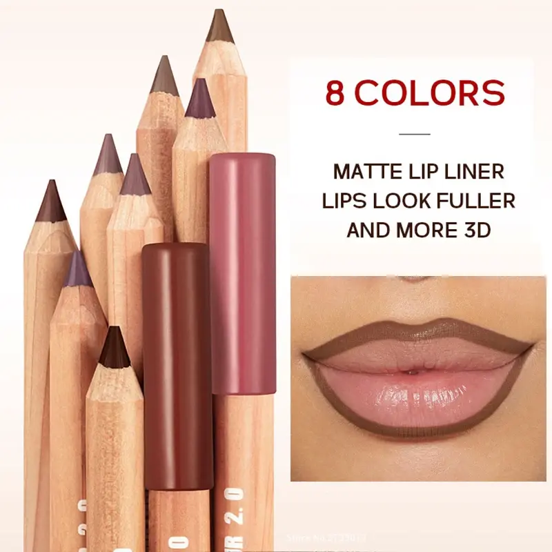 3D Fuller-Lips Liner Pencil Nude Brown Silky Contour Lip Liner Waterproof Non-stick Cup Wooden Lipstick Pencil With Sharpener