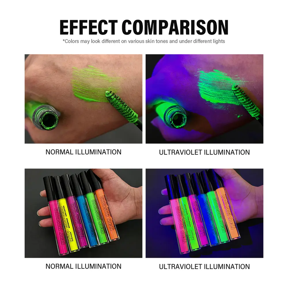 UV Neon Mascara Colorful Eyelashes Extension Waterproof Fluorescent Green Pink Glow-in-the-Dark Party Lashes Halloween Makeup