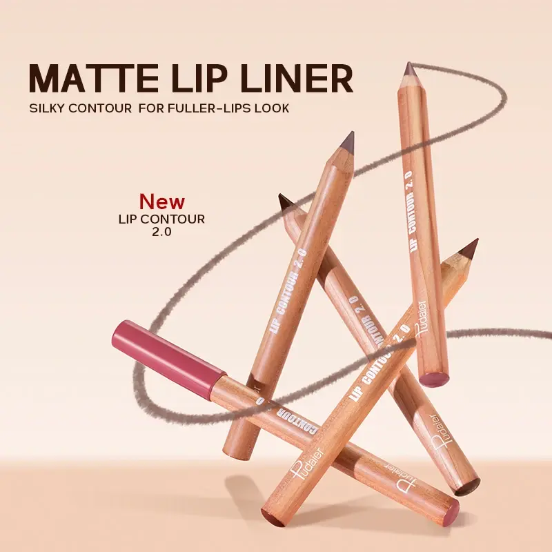 3D Fuller-Lips Liner Pencil Nude Brown Silky Contour Lip Liner Waterproof Non-stick Cup Wooden Lipstick Pencil With Sharpener