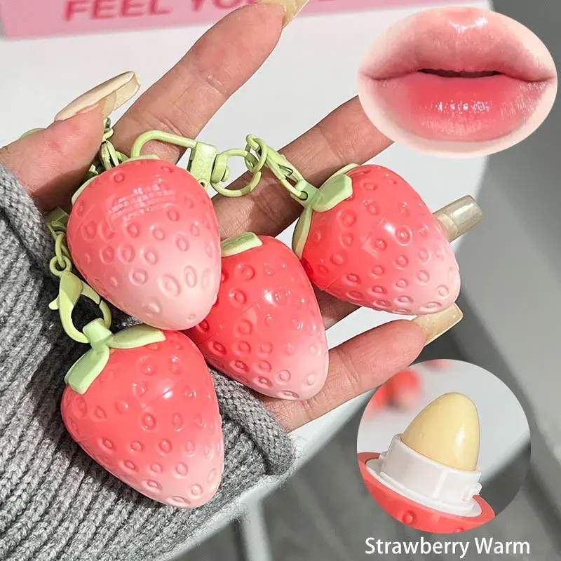 Strawberry Keychain Warming Lip Balm Long Lasting Moisturize Pink Tint Color-changing Lipstick Fruity Lips Base Cream Stick New