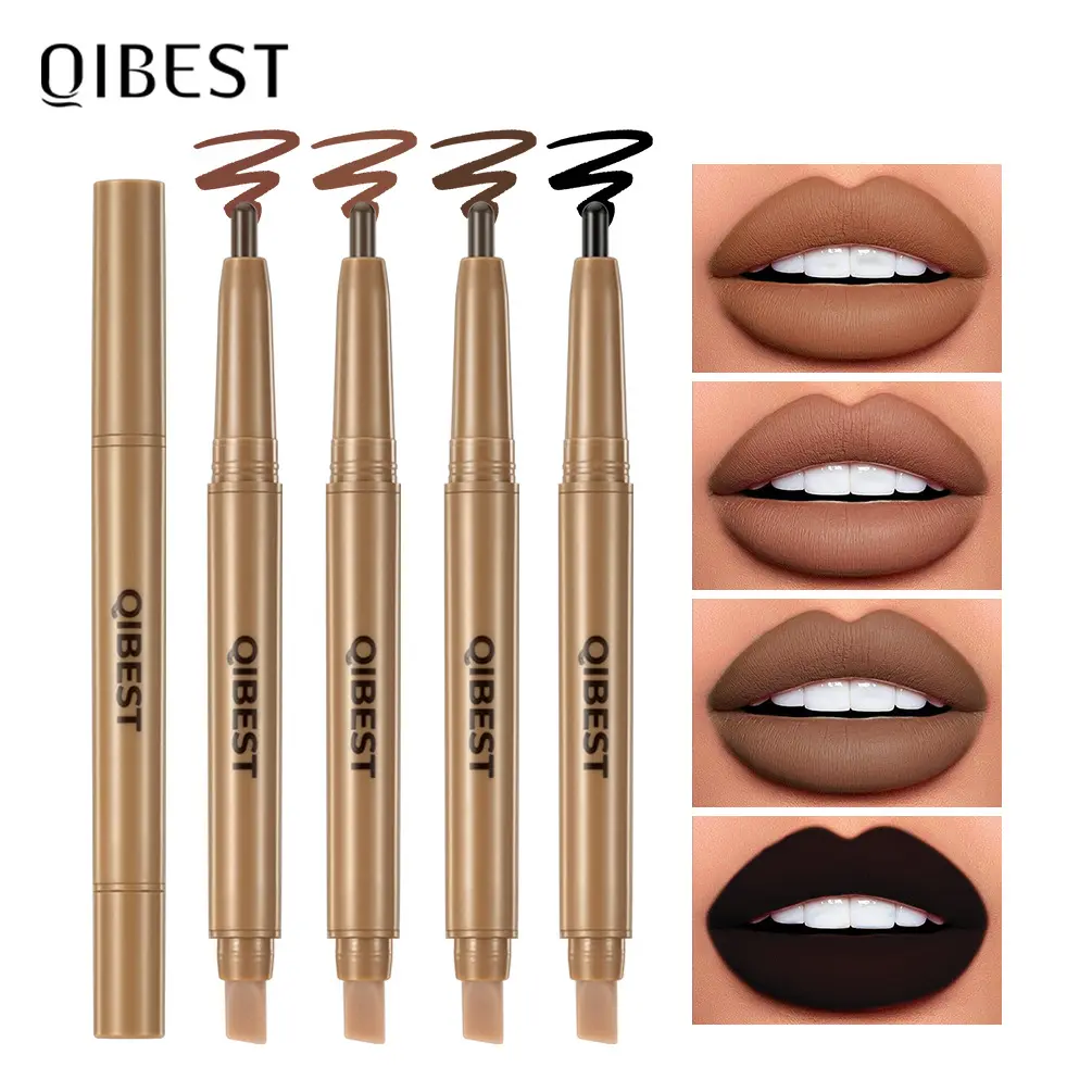 With Silicone Brush Lip Liner Pen Double-head Automatic Silky Soft Coffee Brown Smudging Full Lip Shape Outline Contour Makeup