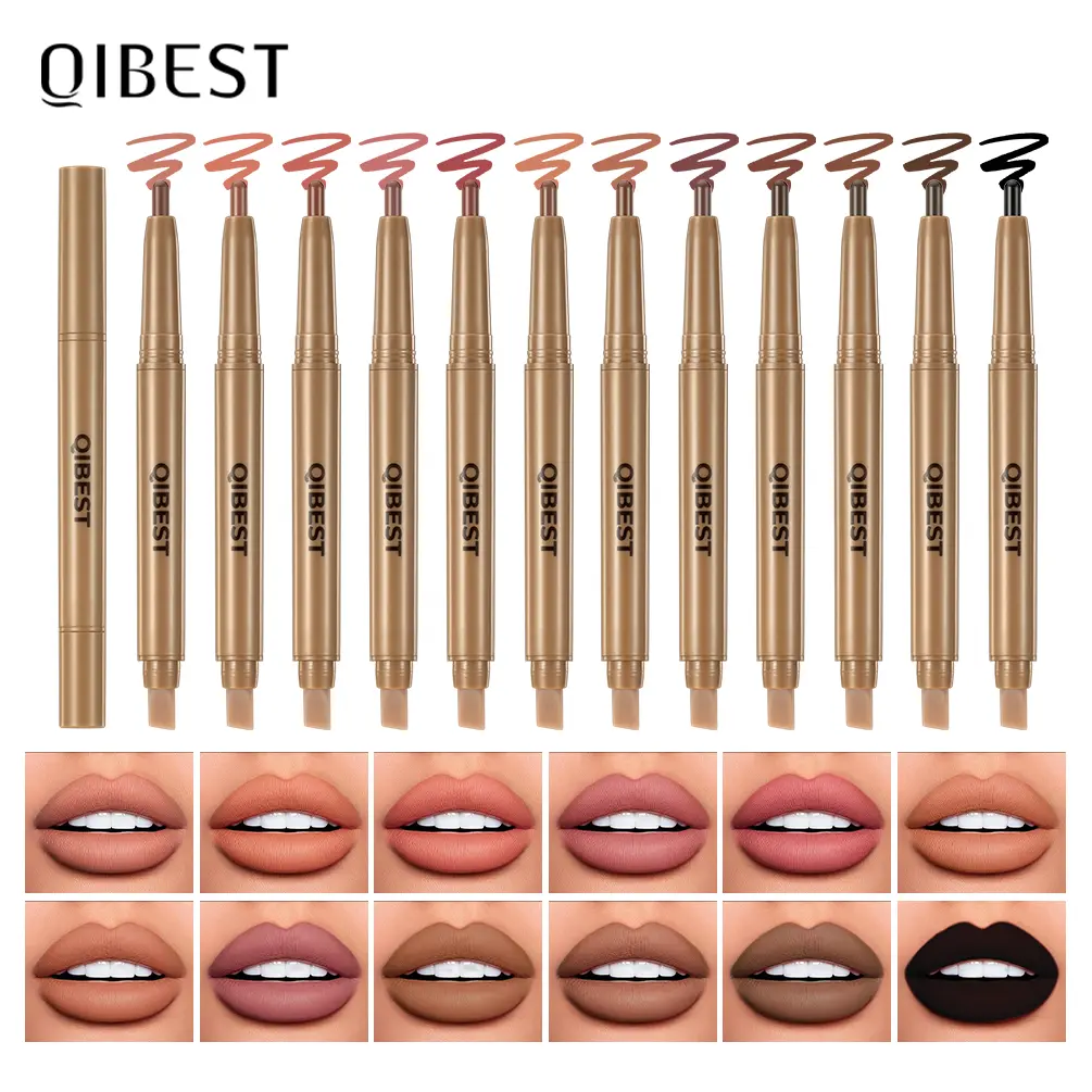 With Silicone Brush Lip Liner Pen Double-head Automatic Silky Soft Coffee Brown Smudging Full Lip Shape Outline Contour Makeup