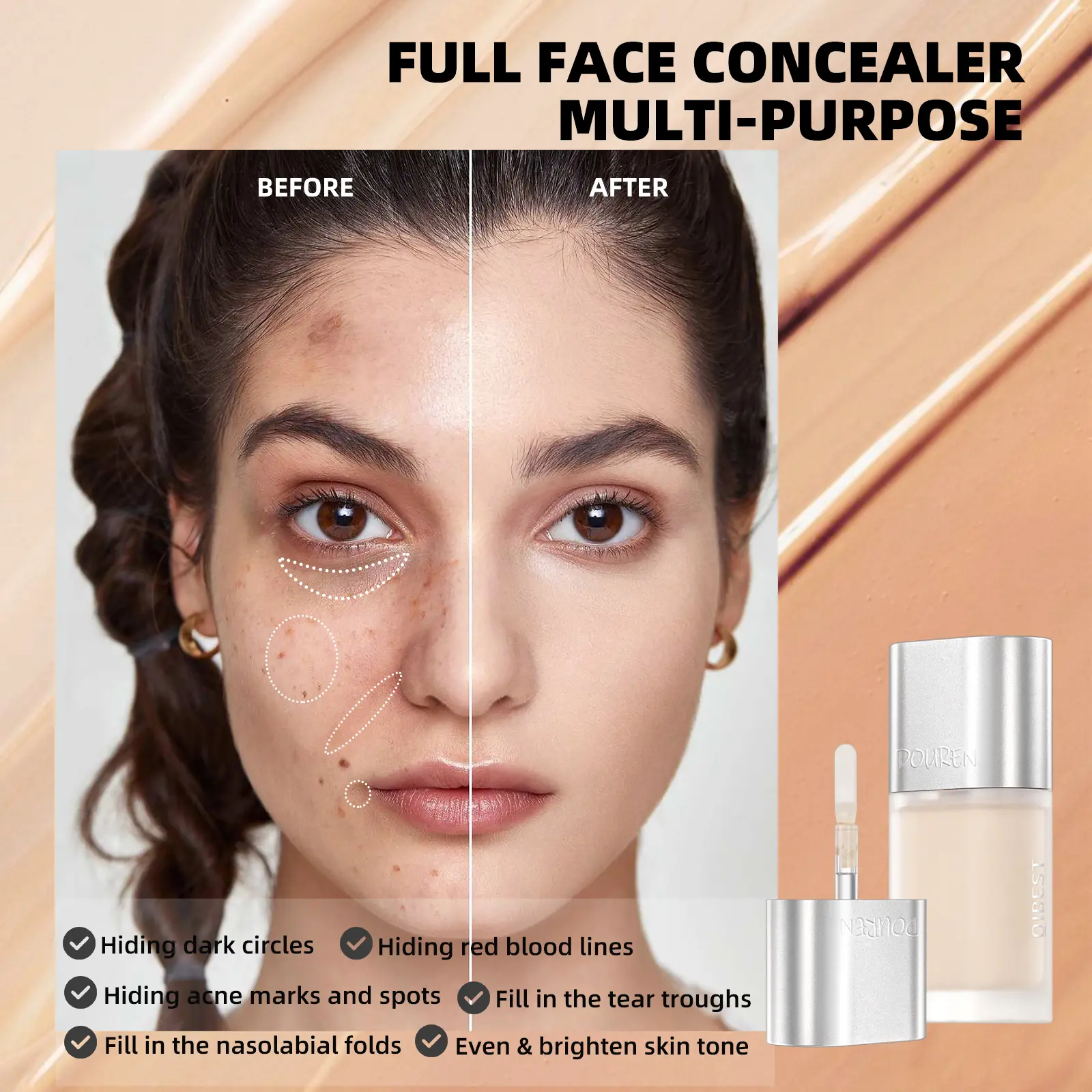 High Coverage Concealer Silicone Brush Head Liquid Foundation Beige Green Base Cream Moisturizing Oil Control NonSmudging Makeup
