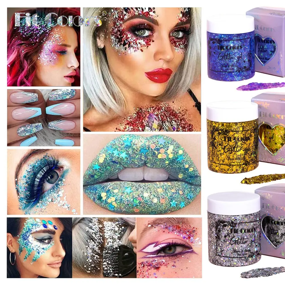 Blue Purple Eye Glitter Sequin Gel Nail Hair Body Face Stickers Gel Art Loose Sequins Cream Diamond Festival Makeup With Spoon