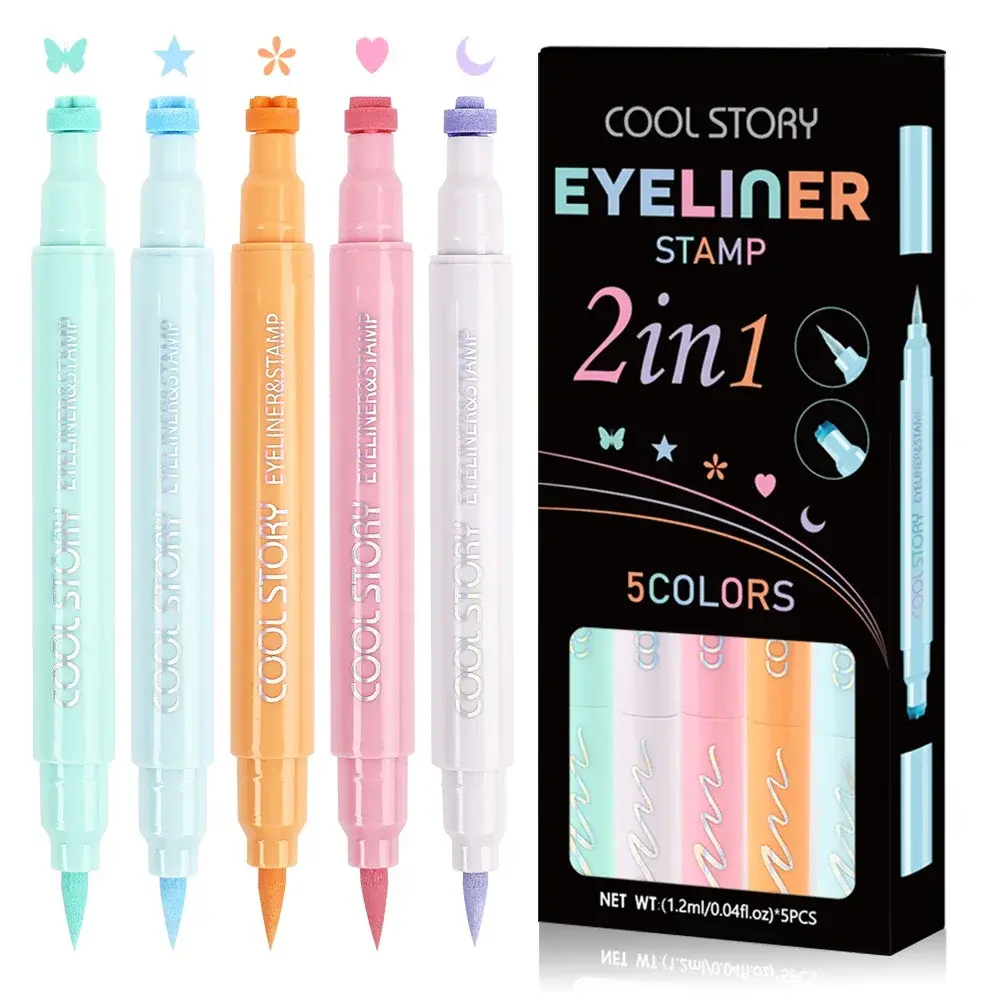 5Pc/Set Love Flowers Eyeliner Stamp Pen Colorful Pink Blue Liquid Eyeliner Double-ended Seal Eye Liner Pencil Fast Drying Makeup