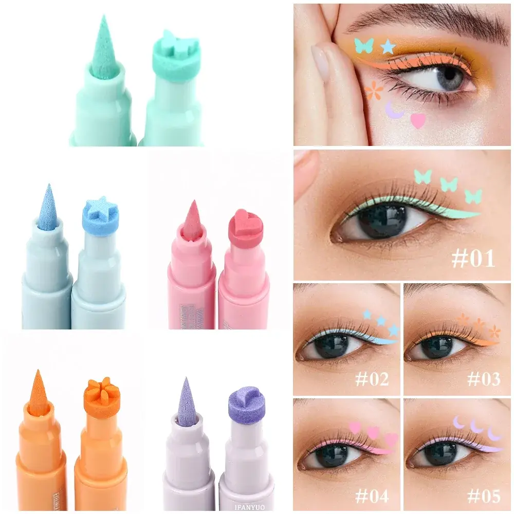 5Pc/Set Love Flowers Eyeliner Stamp Pen Colorful Pink Blue Liquid Eyeliner Double-ended Seal Eye Liner Pencil Fast Drying Makeup