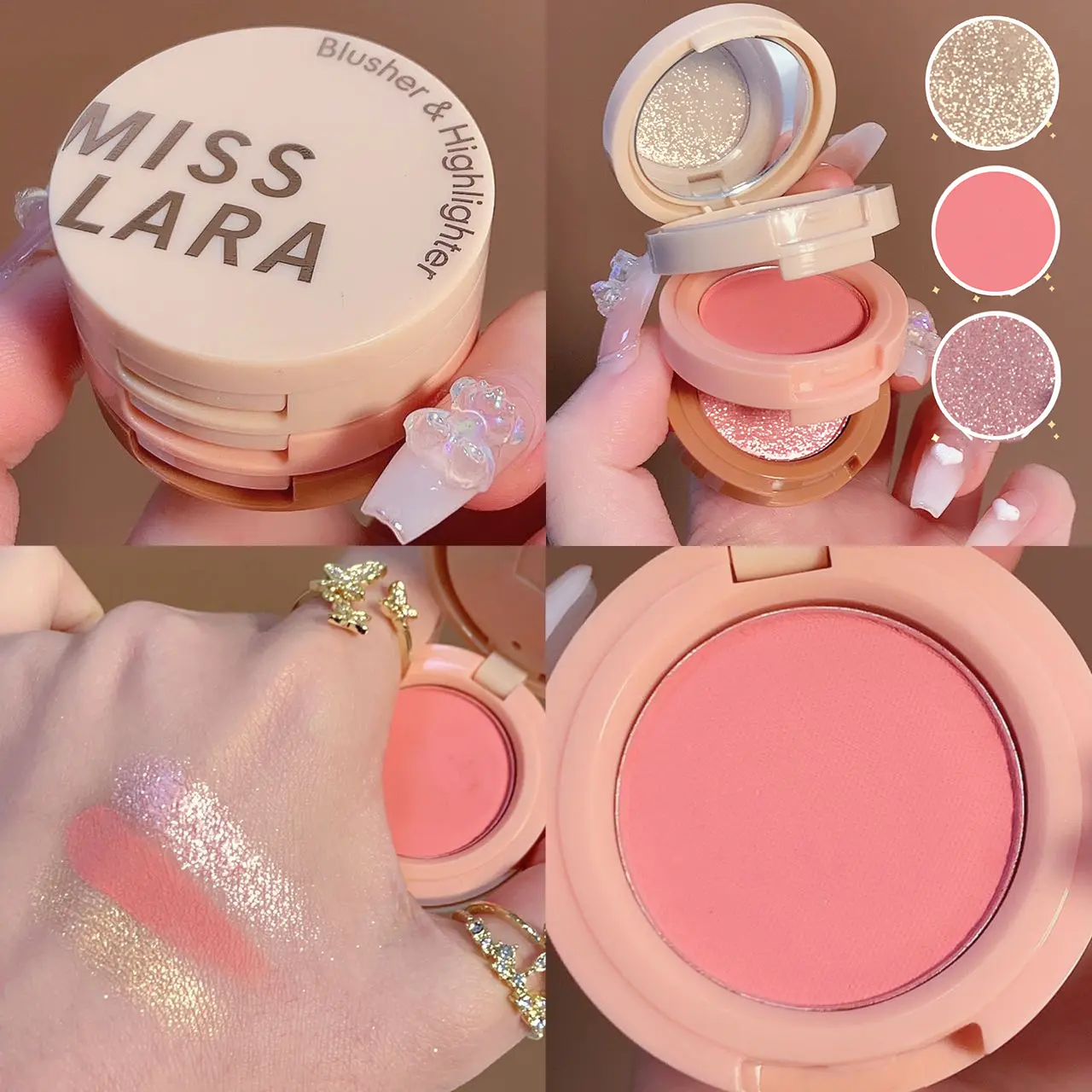 3 In 1 Matte Highlighter Blush Palette Pearly Blusher Shimmer Brighten Silkworm Eyeshadow Face Contour Powder Makeup Palette