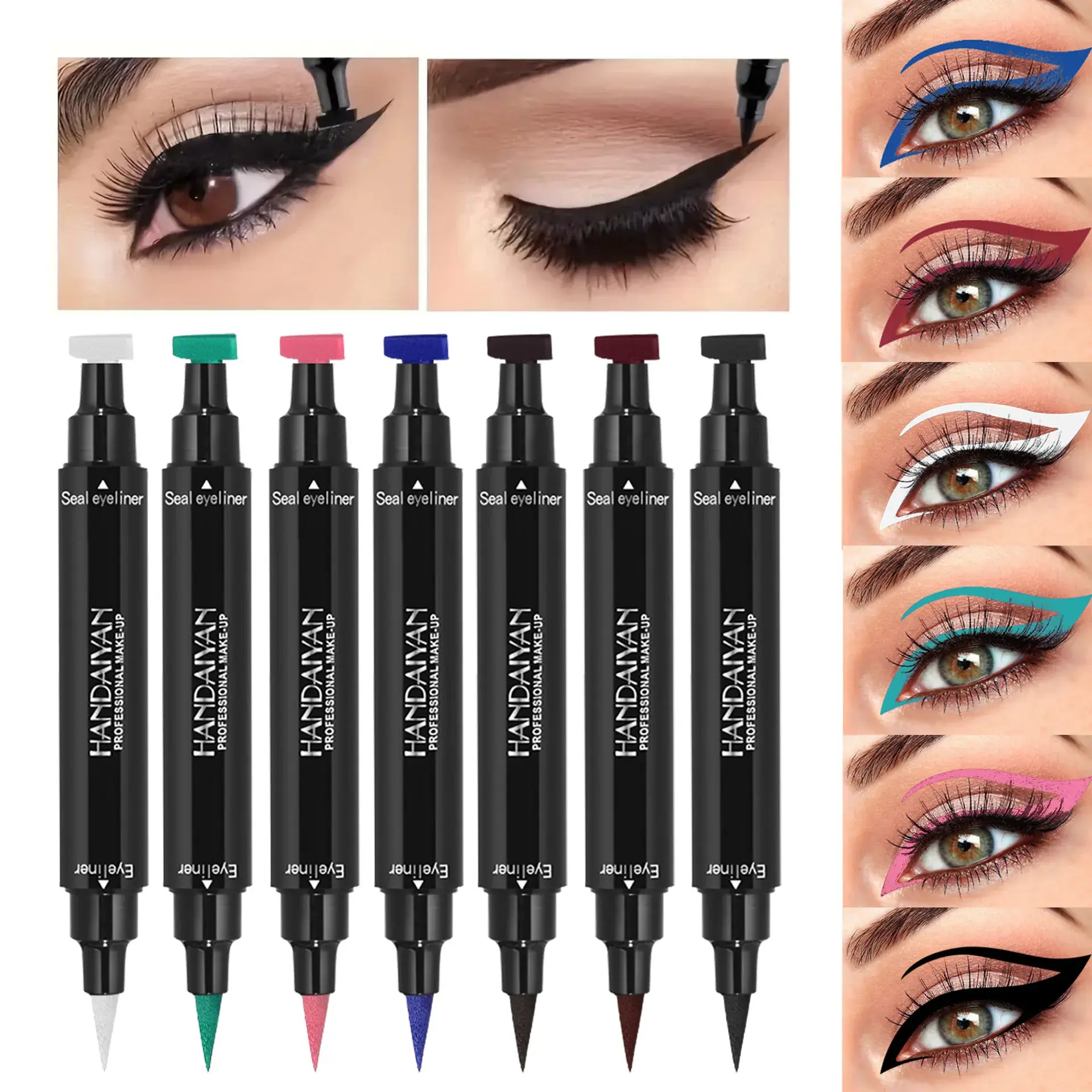 Green Seal Colorful Eyeliner Stamp Pencil Double-head Liquid Black Triangle Seal Eyeliner Waterproof non-smudging Eye Tail Liner