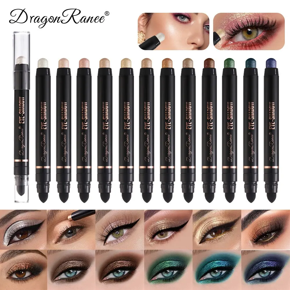 New Coloring Smoky Eyeshadow Sponge Brush Metallic Purple Dark Green Highlighter Pencil Waterproof Glitter Matte Eyeshadow Stick