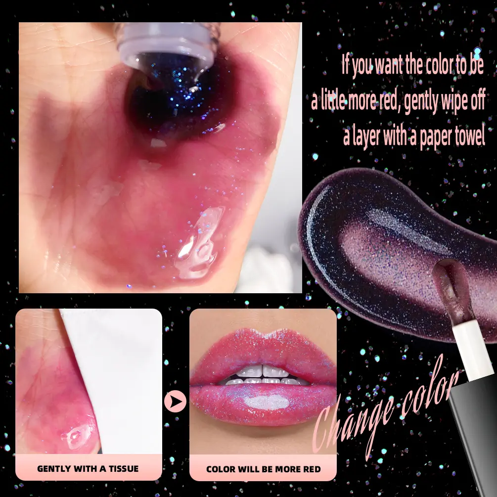 Black Pearlescent Color Changing Lip Gloss Shimmer Mirror Pink Shiny Lip Oil Moisturizing Non-sticky Sparkling Glitter Jelly Lip