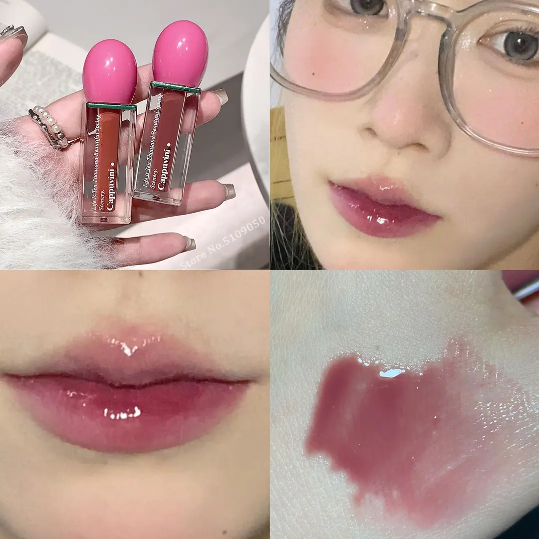 Rose Pink Mirror Glass Lipstick Transparent Hydrating Lip Gloss Tint Non-Stick Cups Shine Watery Lip Lotion Makeup Cosmetics