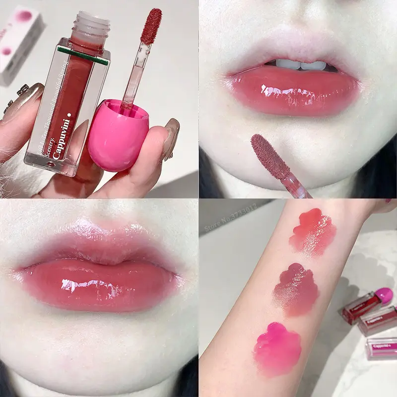 Rose Pink Mirror Glass Lipstick Transparent Hydrating Lip Gloss Tint Non-Stick Cups Shine Watery Lip Lotion Makeup Cosmetics