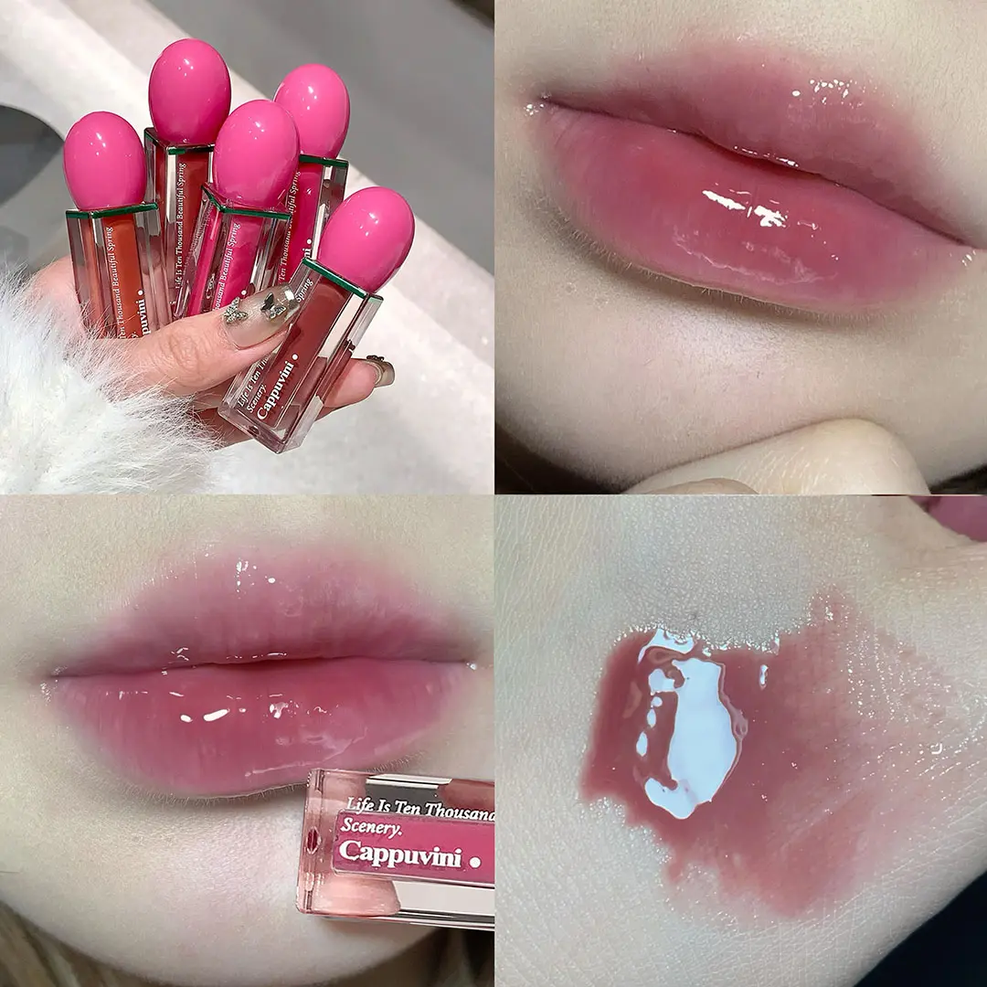 Rose Pink Mirror Glass Lipstick Transparent Hydrating Lip Gloss Tint Non-Stick Cups Shine Watery Lip Lotion Makeup Cosmetics