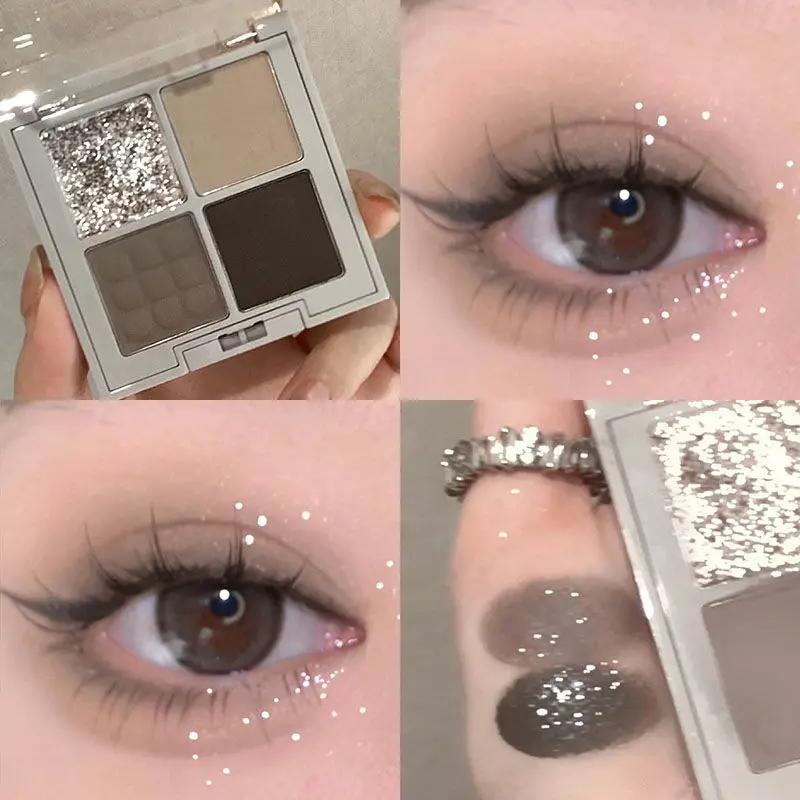 4 Colors Punk Smokey Eyeshadow Palette Matte Glitter Silvery Metallic Eye Shadow Makeup Cool Toned Dark Earth Brown Eye Pigment