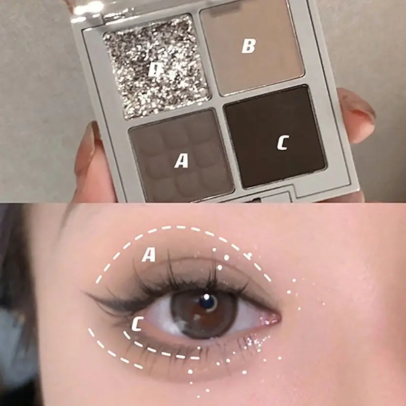 4 Colors Punk Smokey Eyeshadow Palette Matte Glitter Silvery Metallic Eye Shadow Makeup Cool Toned Dark Earth Brown Eye Pigment