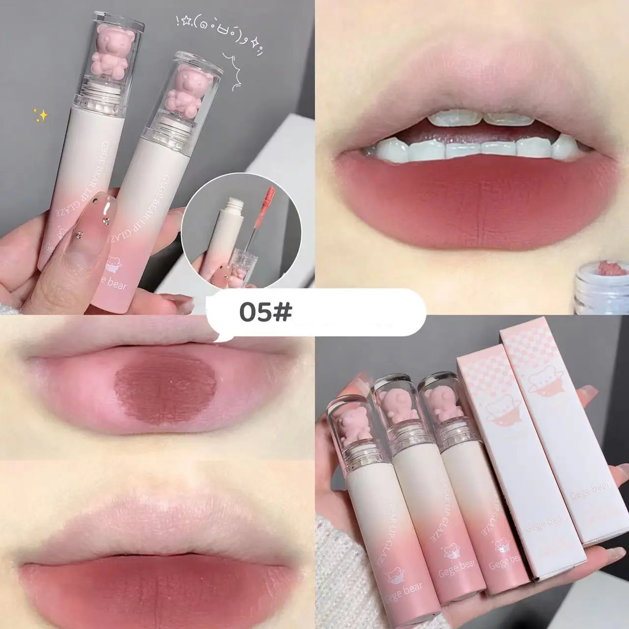 Pink Bear Lip Glaze Mousse Matte Liquid Lipstick Cute Bear Waterproof Velvet Nude Brown Red Lip Mud Cheek Rouge Tint Cosmetics