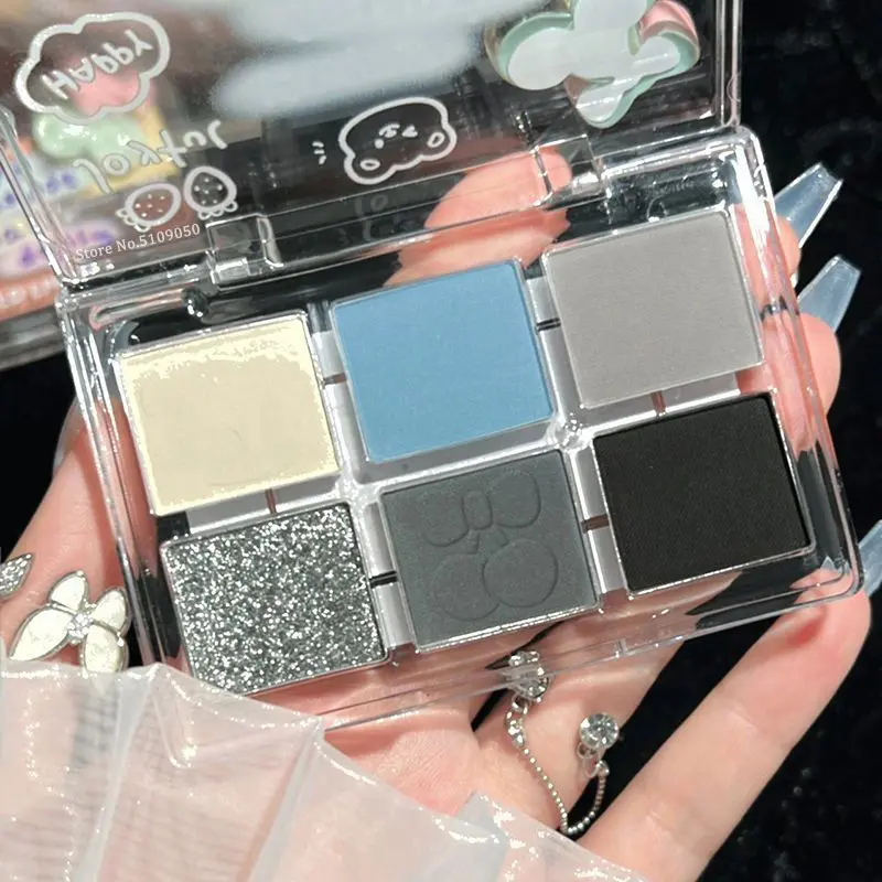 Matte Grey Blue Smoky Eye Shadow Palette 6-Color Glitter Silver Acrylic Eye Shadows Palette Long Lasting Eye Makeup Cosmetics