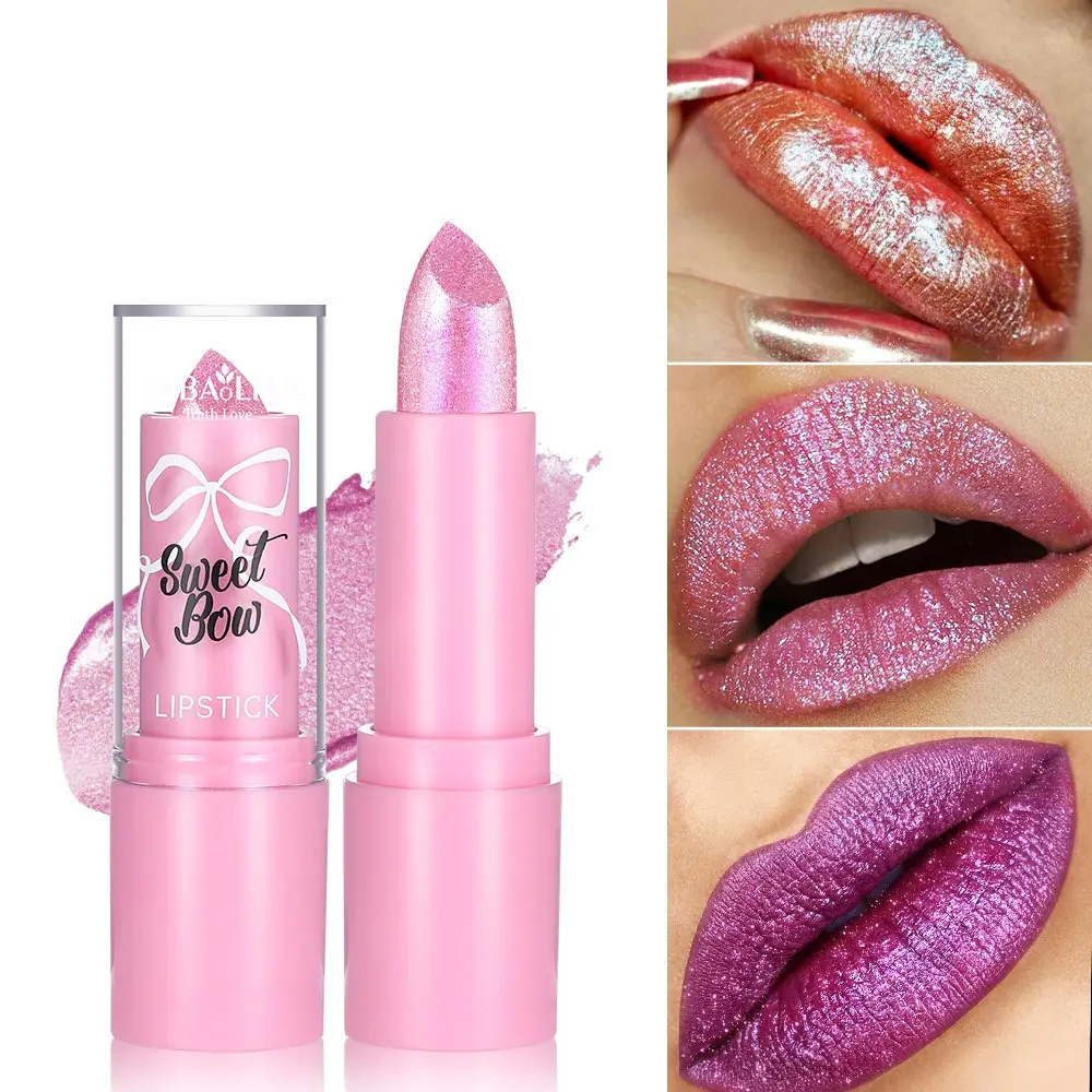 Velvet Pearl Pink Sparkling Lipstick Metallic Diamond Shine Lipstick Waterproof Moisturizing Pearlescent Sexy Lips Balm Makeup
