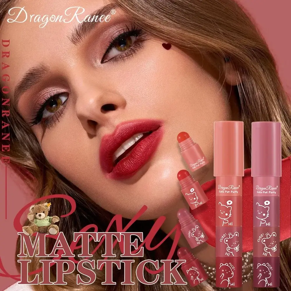 Cute Bear 4 in 1 Velvet Matte Crayon Lipstick Combo Makeup Tomato Red Purple Long Wear Waterpoof Non-Stick Cup Tiny Lip Stick