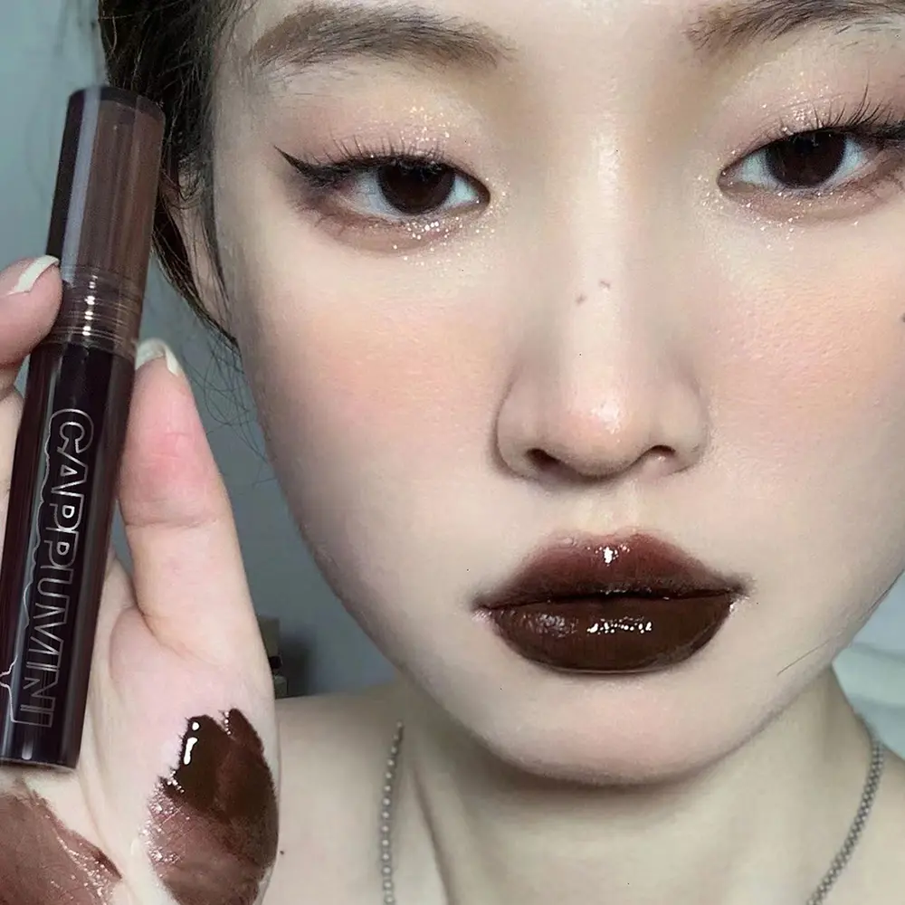 Punk Dark Brown Lip Gloss Mirror Water Lip Glaze Black Chocolate Lipstick Waterproof Liquid Lipstick Nude Clear Tint Makeup