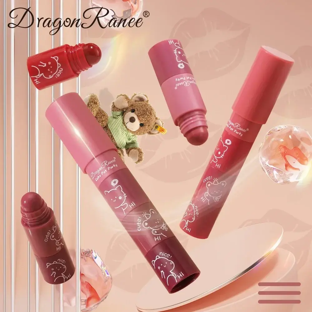 Cute Bear 4 in 1 Velvet Matte Crayon Lipstick Combo Makeup Tomato Red Purple Long Wear Waterpoof Non-Stick Cup Tiny Lip Stick