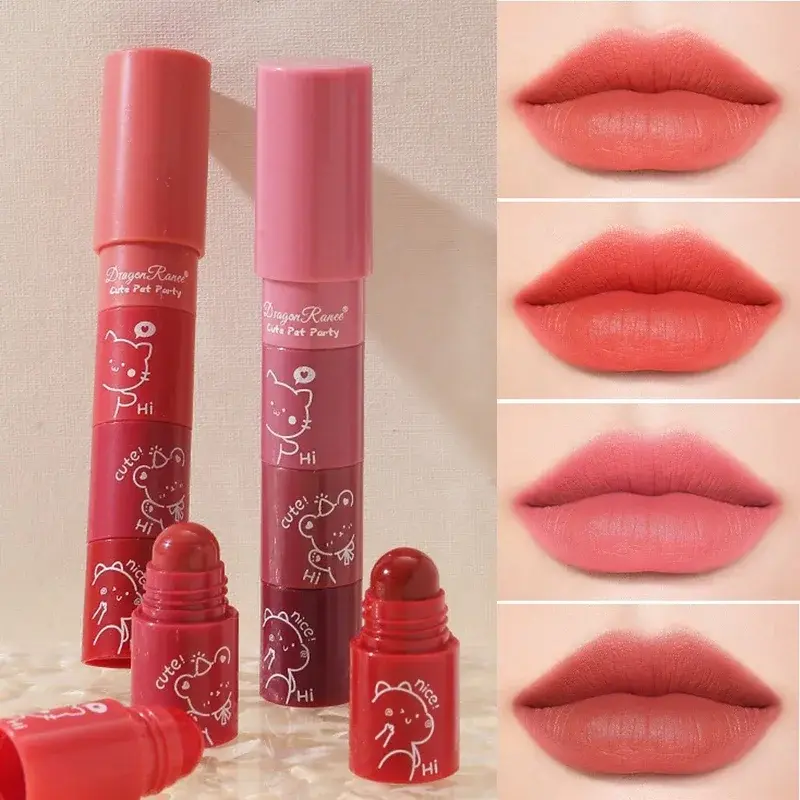 Cute Bear 4 in 1 Velvet Matte Crayon Lipstick Combo Makeup Tomato Red Purple Long Wear Waterpoof Non-Stick Cup Tiny Lip Stick