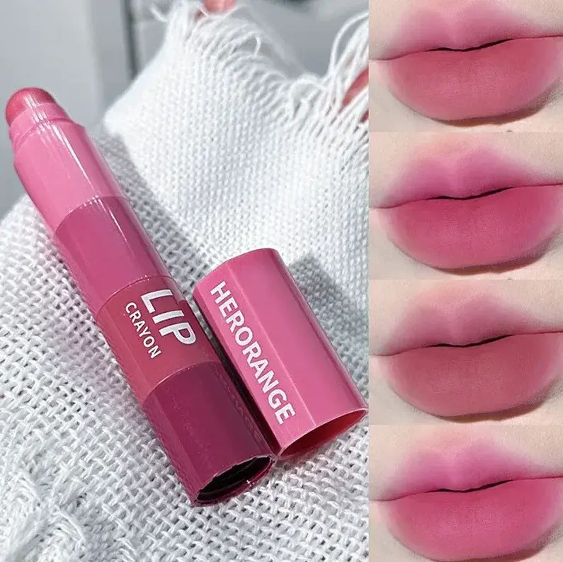 Cute Bear 4 in 1 Velvet Matte Crayon Lipstick Combo Makeup Tomato Red Purple Long Wear Waterpoof Non-Stick Cup Tiny Lip Stick