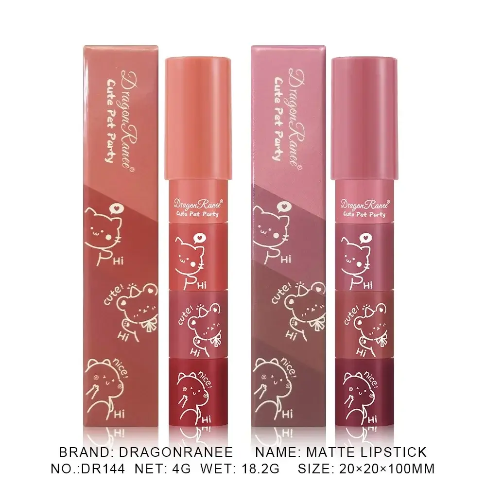 Cute Bear 4 in 1 Velvet Matte Crayon Lipstick Combo Makeup Tomato Red Purple Long Wear Waterpoof Non-Stick Cup Tiny Lip Stick